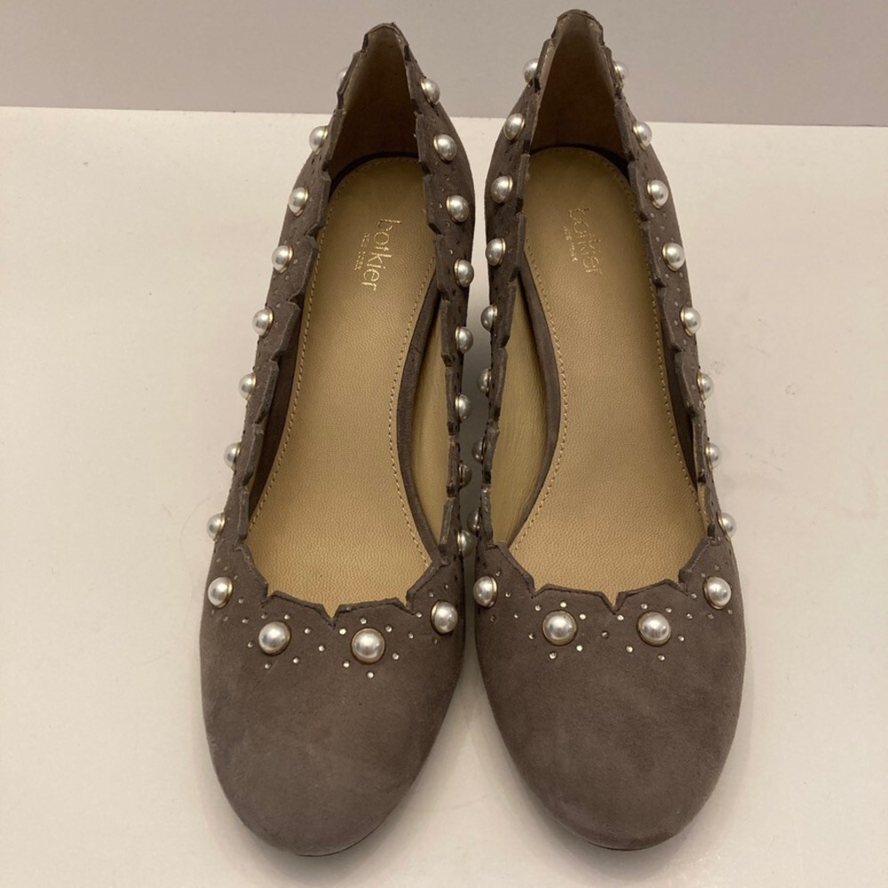 Botkier Gray Suede Leather Pumps Heels Womens 6.5 Faux‎ Pearl Cuban Heel